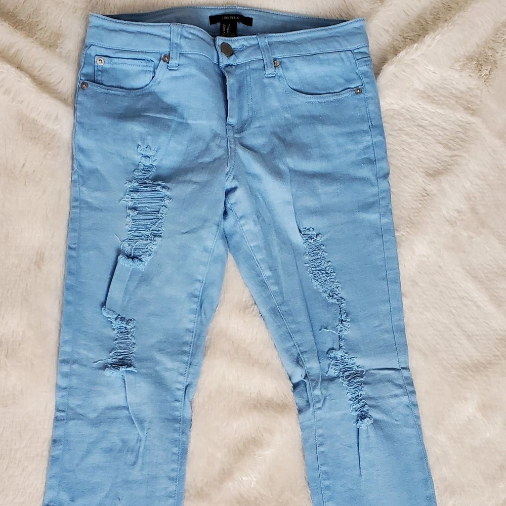 Forever 21 Ultra Stretch Distressed Skinny Jeans Light Blue Size 27